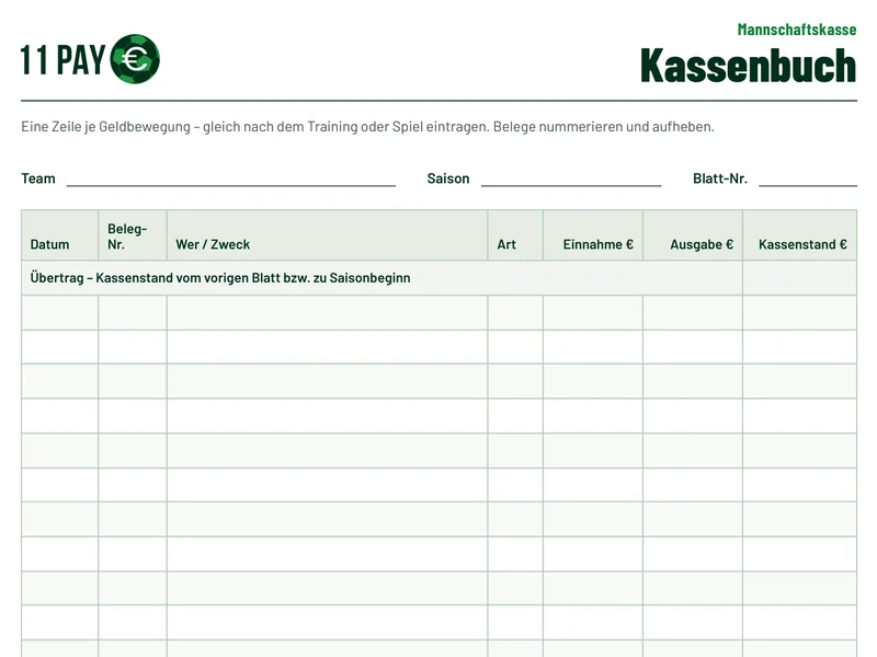 Kassenbuch-Seite der PDF-Vorlage mit 11pay-Logo, Feldern für Team und Saison und leeren Zeilen