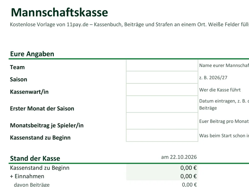 Blatt Übersicht der Excel-Vorlage: Eingabefelder für Team, Saison, Kassenwart/in, ersten Monat, Monatsbeitrag und Kassenstand zu Beginn, darunter der berechnete Stand der Kasse