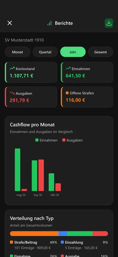 11pay-App: Berichte mit Cashflow pro Monat und Zeitraumwahl (Demo-Daten)