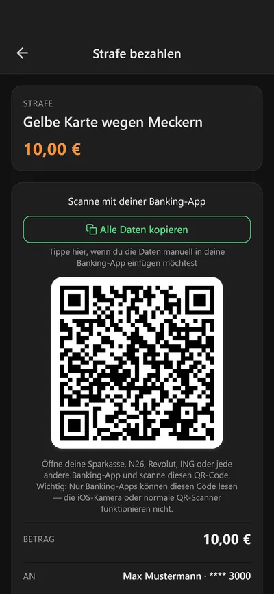 11pay-App: Strafe per QR-Code mit der Banking-App direkt aufs Teamkonto überweisen (Demo-Daten)
