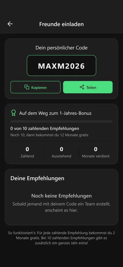 11pay-App: Persönlicher Empfehlungscode mit Zähler der zahlenden Empfehlungen