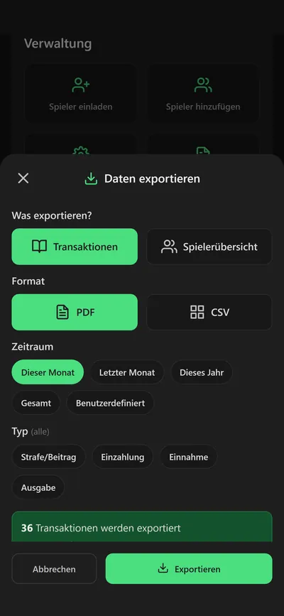 11pay-App: Kassenbuch oder Spielerübersicht als PDF oder CSV exportieren