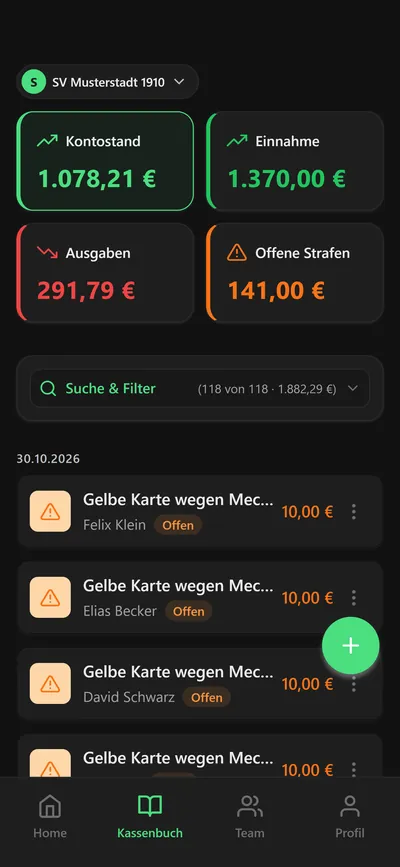 11pay-App: Kassenbuch mit Kontostand, Einnahmen, Ausgaben, offenen Strafen und neuen Buchungen (Demo-Daten)