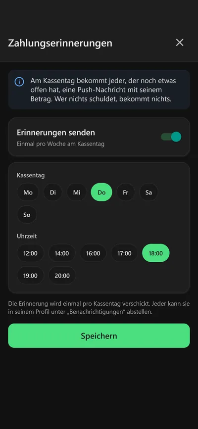 11pay-App: Zahlungserinnerung einmal pro Woche am Kassentag mit Wochentag und Uhrzeit
