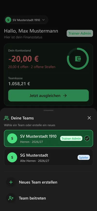 11pay-App: Zwischen mehreren Teams mit eigener Rolle wechseln oder ein neues Team erstellen (Demo-Daten)