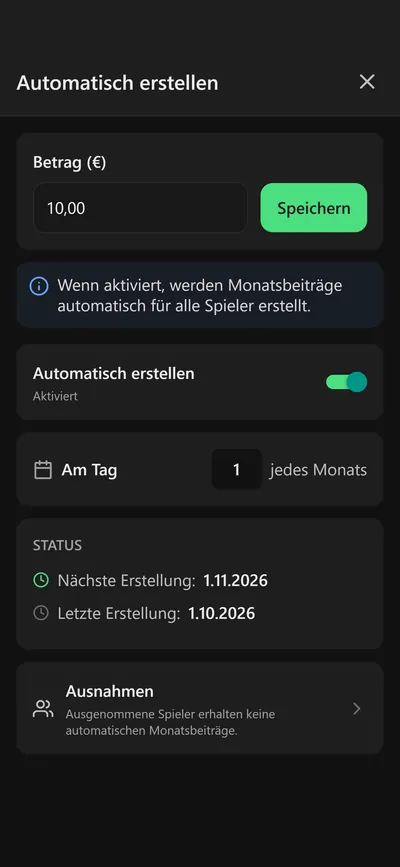 11pay-App: Monatsbeiträge automatisch erstellen mit Betrag, Stichtag und Ausnahmen (Demo-Daten)