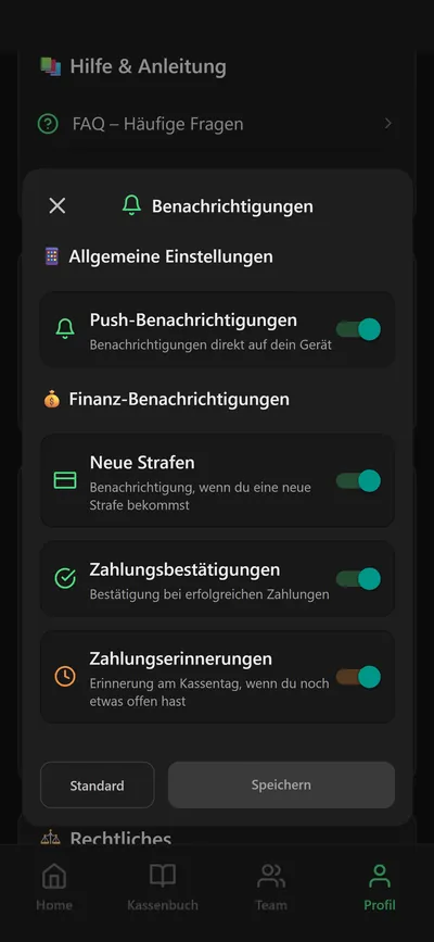 11pay-App: Einstellungen für Push-Benachrichtigungen bei Strafen, Zahlungen und am Kassentag