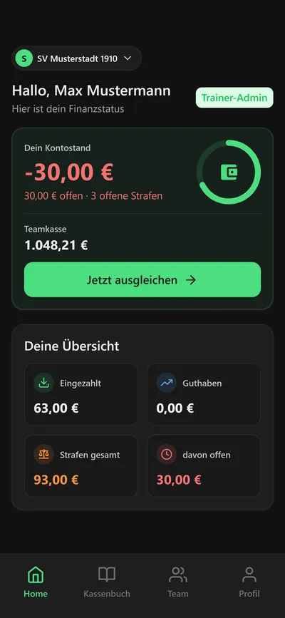 11pay-App: Startseite mit eigenem Kontostand, offenen Strafen und Teamkasse (Demo-Daten)
