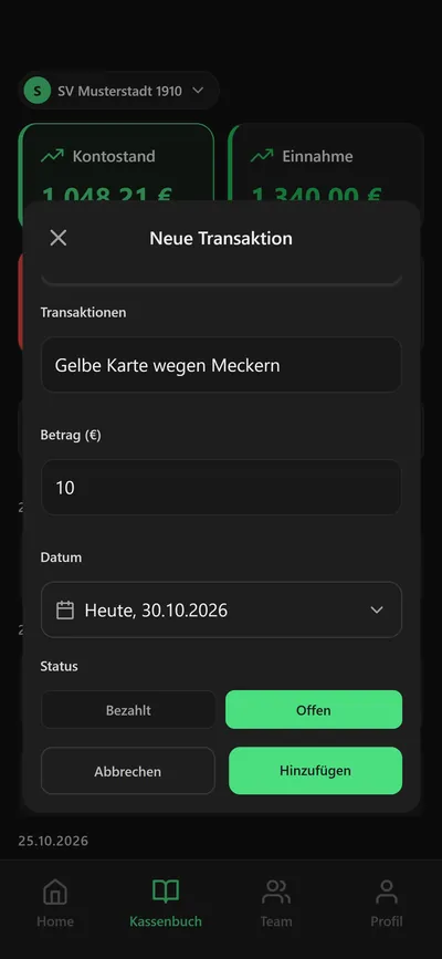 11pay-App: Strafe mit Betrag, Datum und Status offen oder bezahlt anlegen (Demo-Daten)