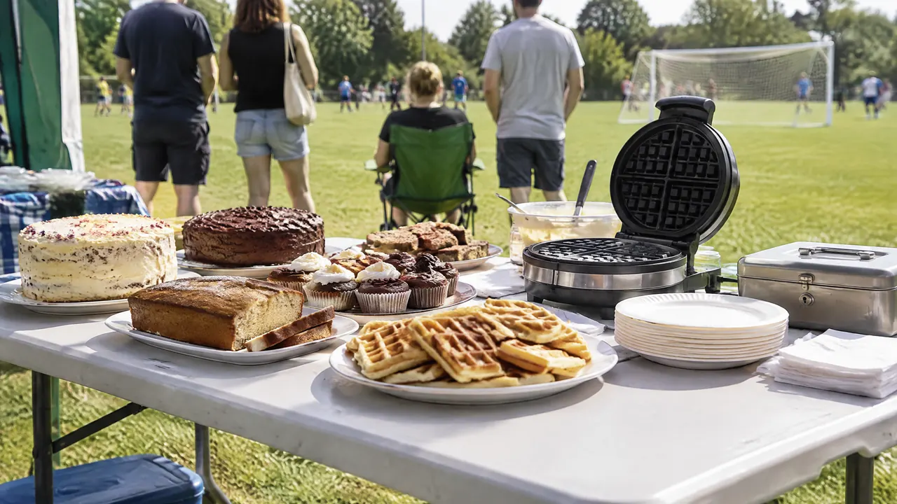 Kuchen- und Waffelstand beim Vereinsfest am Fußballplatz, im Hintergrund Zuschauer von hinten