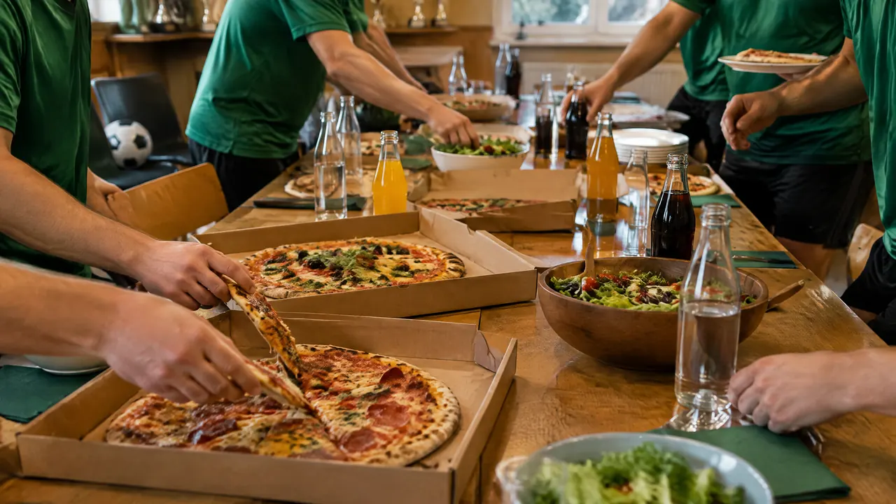 Saisonabschluss im Vereinsheim: Spieler in grünen Shirts greifen an einer langen Tafel zu Pizza, Salat und Getränken