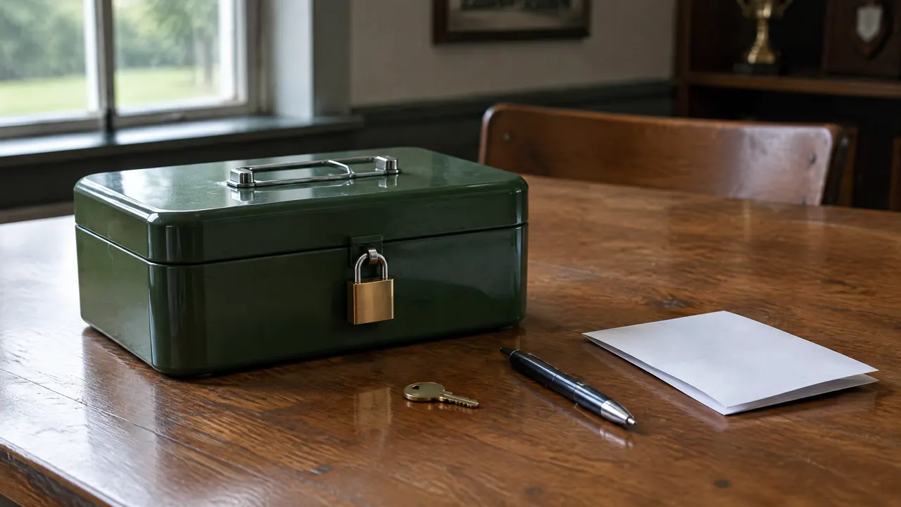 Abgeschlossene grüne Geldkassette mit Vorhängeschloss auf einem Holztisch, daneben Schlüssel, Kugelschreiber und ein gefaltetes Blatt