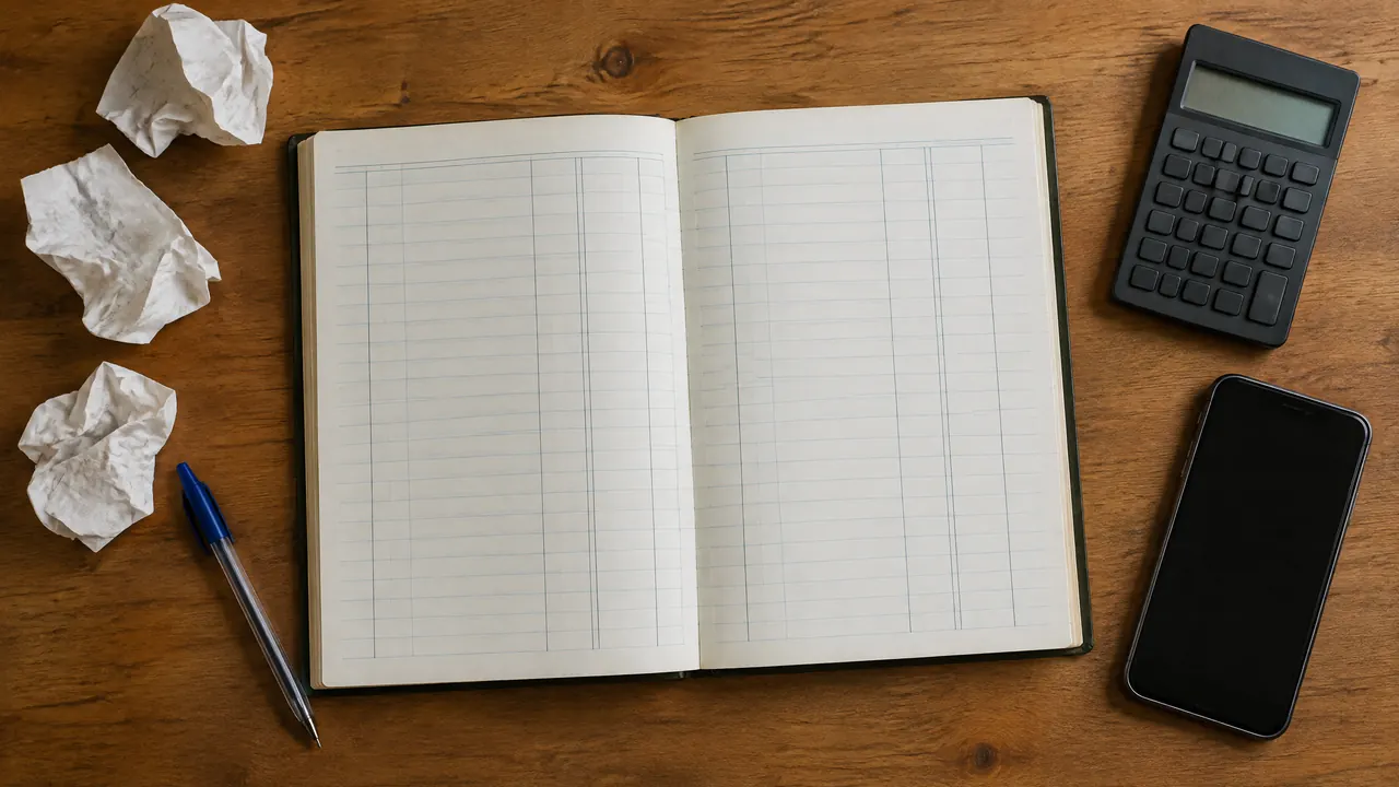 Ein aufgeschlagenes, leeres Kassenbuch von oben, daneben zerknüllte Zettel, ein Kugelschreiber, ein Taschenrechner und ein Handy