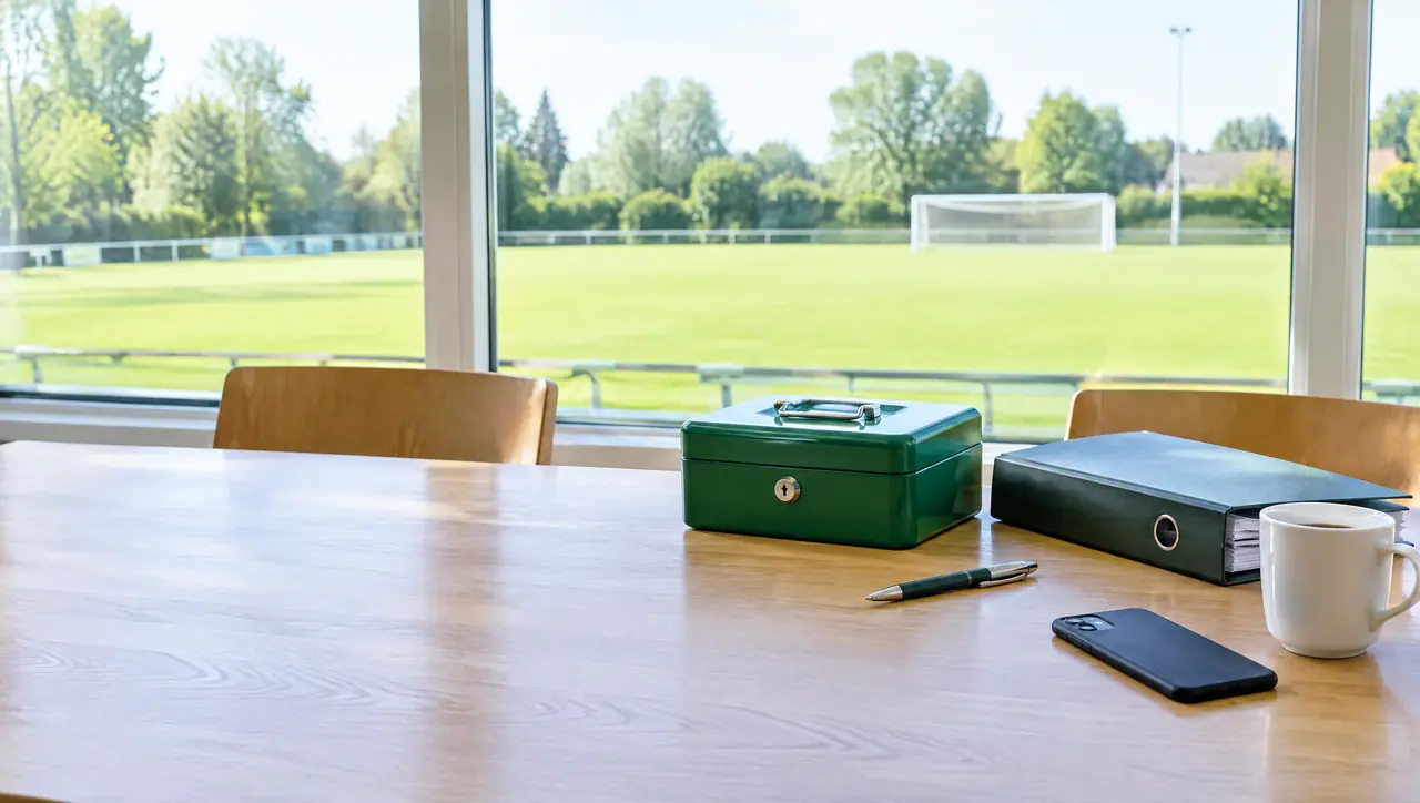 Heller Tisch im Vereinsheim mit grüner Geldkassette, Ordner, Kugelschreiber, Handy und Kaffeetasse, draußen der Fußballplatz im Sonnenlicht