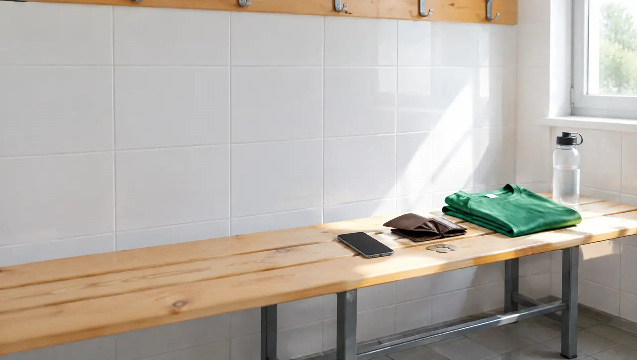 Kabinenbank im Tageslicht mit Handy, offener Geldbörse, ein paar Münzen, gefaltetem grünem Trainingsshirt und Wasserflasche